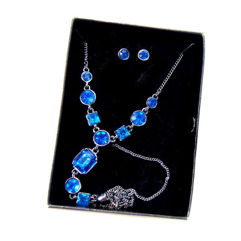 fashion jewelry charm chain blue Rhinestone Tassel Necklace Earrings Set for women gift idea
