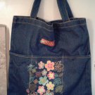 Faded Blue Denim Sassy Tote Bag Hand Decorated Retro Look Floral Appliqued