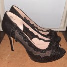 Mesh and Faux Leather Scalloped Shimmering Look Open Toe Pumps  Womens Shoes 9