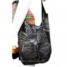 Black Sling Cross body Shoulder Bag Purse Big Flowers Quality Handmade Thailand
