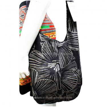 Black Sling Cross body Shoulder Bag Purse Big Flowers Quality Handmade Thailand