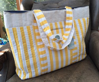 NWT FRESH PRODUCE Large Beach Tote Quilted Canvas Yellow White Stripe~NEW!