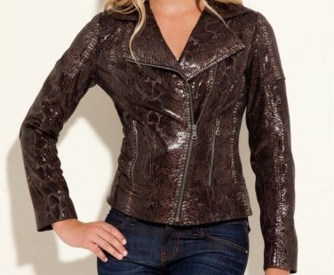 GUESS 'Boyer' Snake Python Leather Moto Zip Biker Jacket Blazer, Brown XS ~ NWT