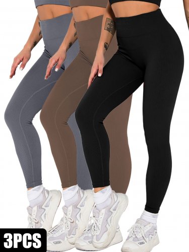 3 Pack Womens Seamless Ribbed Leggings Soft Slimming Yoga Pants, Ribbed Yoga Pants High Waisted