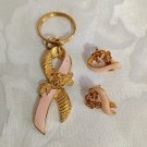 Avon Breast Cancer Pink/Goldtone Pierce Earrings & Keychain Vintage