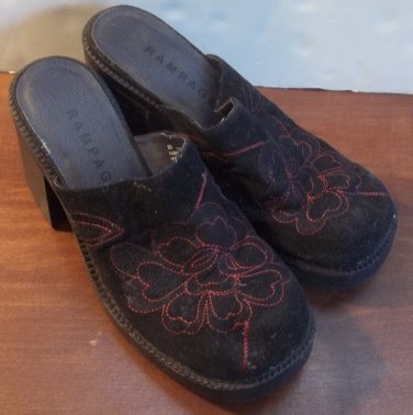 Womans Rampage Skyler Clogs Size 8 (M) Black Corduroy With Red Flower Stitching