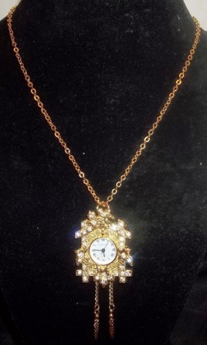 Lindenwold Cuckoo Clock Ladies Watch Pendant brooch pin Clear Rhinestone
