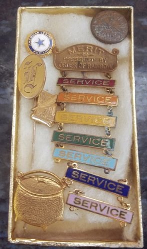 Vtg Masonic Order of Rainbow Merit Bar Pin 7 Service Bars Pot of Gold 4 Xtras