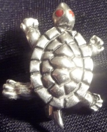 Vintage Silver Turtle Pin with Red Eyes