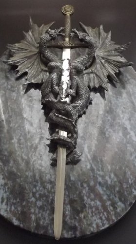 17" Twin Dragons Display Holding Excalibur Sword Fantasy Blade Dagger