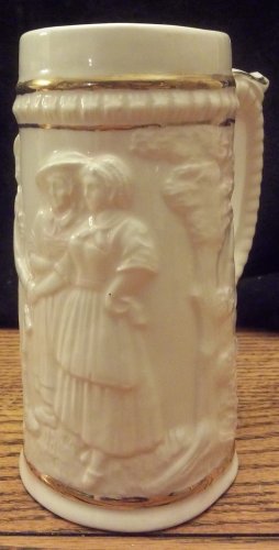 6" German Beer Stein Raised Scene Gold Paint Glazed