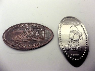 2  Elongated Pennys Pressed Smashed Disneyland, Bonneville Dam,