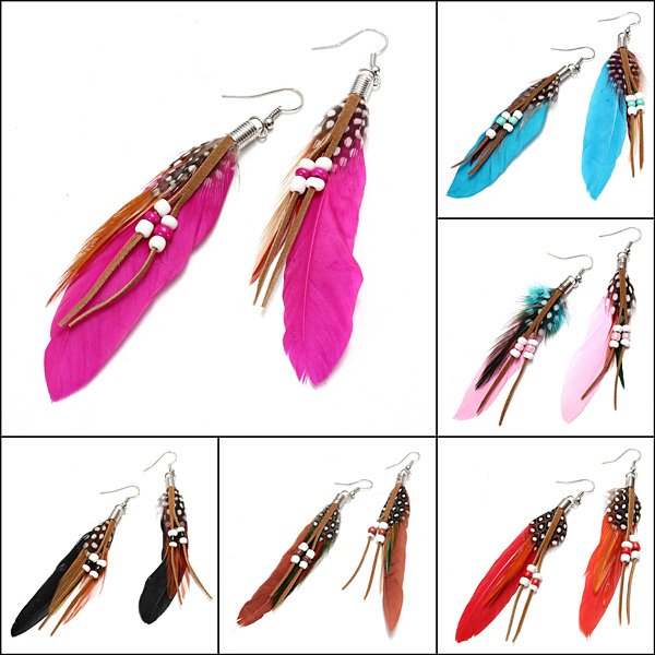 Indian Leather Hen Feather Dangle Bead Ear Drop Earrings Party