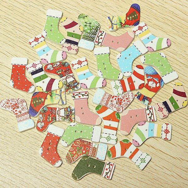 30PCS Christmas Stocking Shape Wooden Buttons Scrapbook Sew Card
