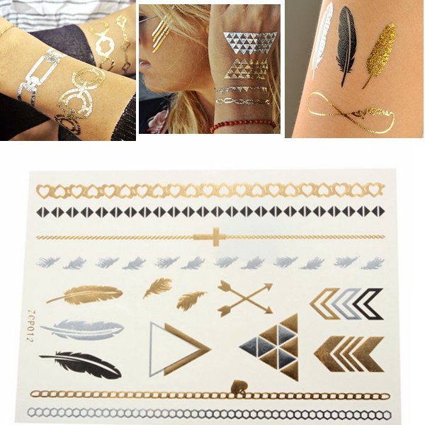 Gold Silver Feather Metallic Temporary Tattoos Body Art Sticker