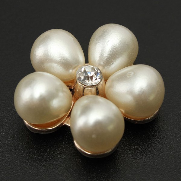 5pcs Plum Flower Rhinestone Ivory Pearl Buttons Golden Tone Shank