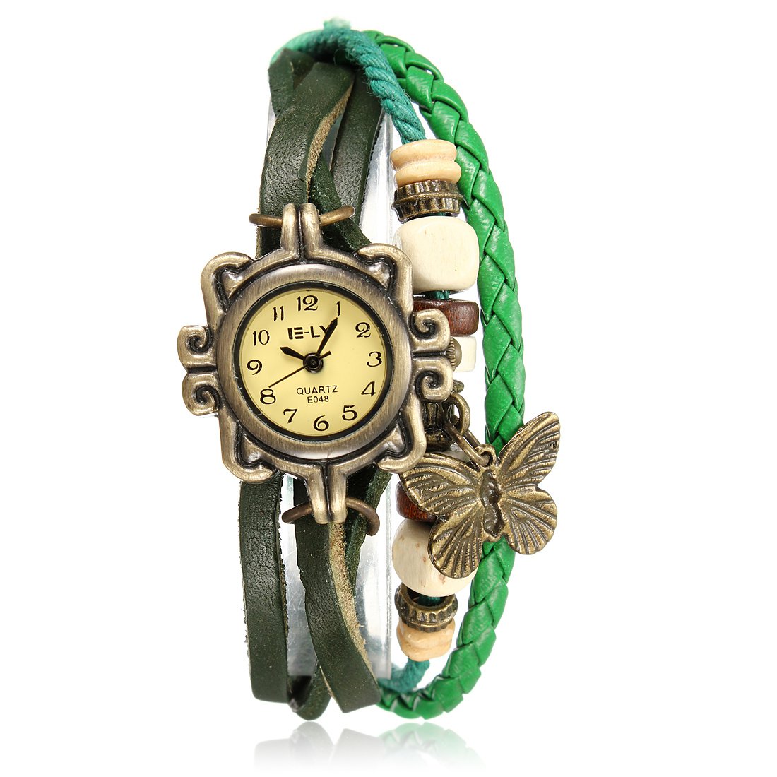 Leather Knit Butterfly Bead Vintage Women Bracelet Wrist Watch