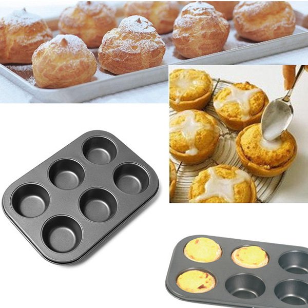 6 Holes Non-Stick Stainless Steel Muffin Cake Baking Pan Cookies Tray