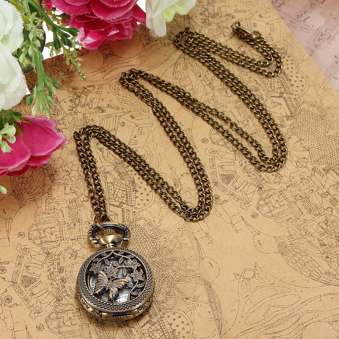 Vintage Bronze Butterfly Style Pocket Watch Pendant Necklace