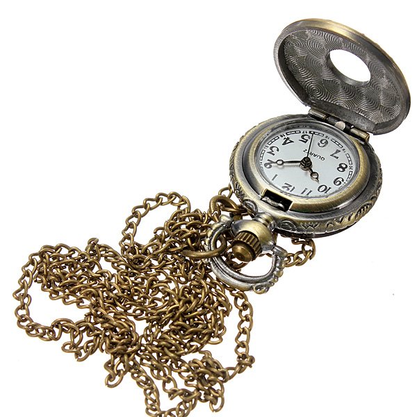 Vintage Brass Animal Carved Pendant Necklace Quartz Pocket Watch