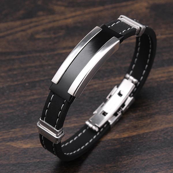 Men Silver Stainless Steel Bangle Bracelet Black Rubber