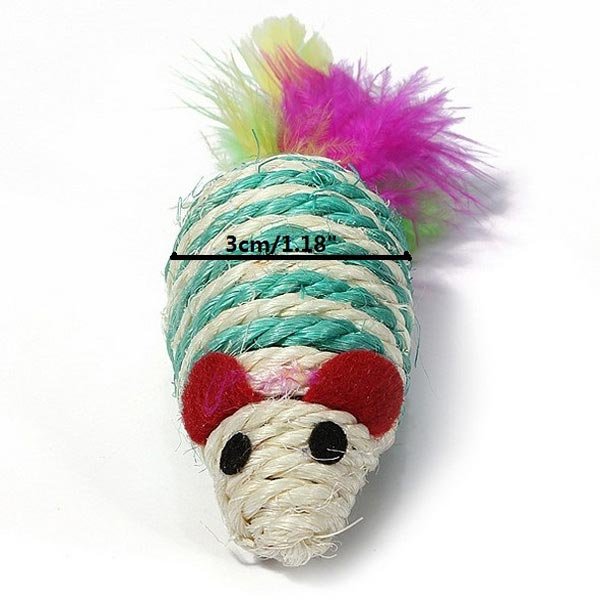 Cat Kitten Teaser Toy Sisal Rope Weave Mouse With Feather Tails