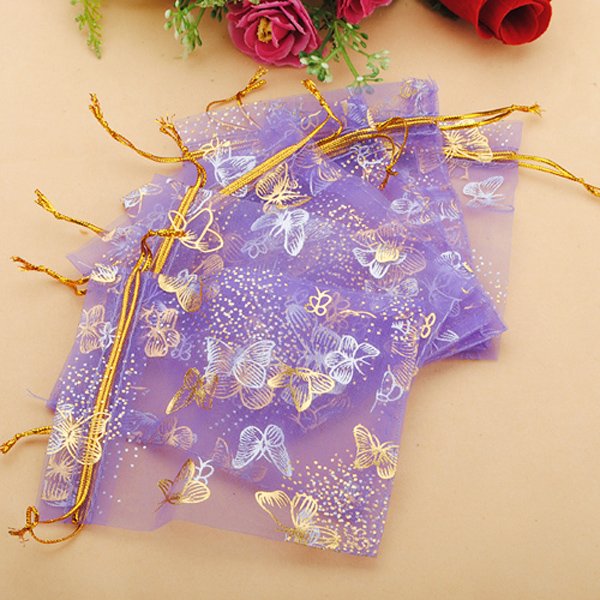 100pcs Purple Butterfly Organza Jewelry Pouch Favor Gift Bag 9.5X12cm