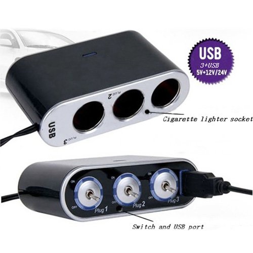 3 Way Triple Car Cigarette Lighter Socket Splitter LED Light Switch