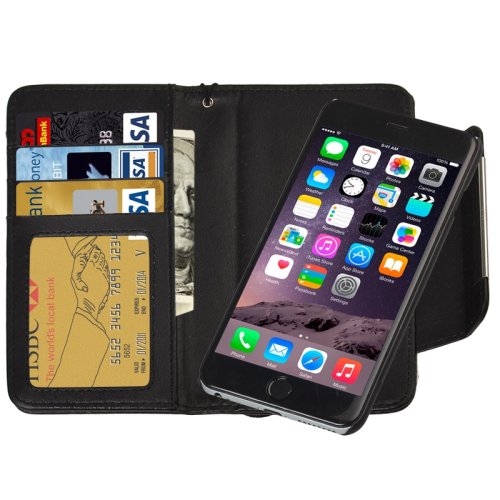 For iPhone 6 Plus Black Separable Wallet Style Magnetic Flip PU Leather Case with Lanyard
