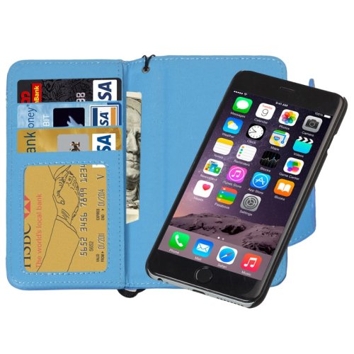For iPhone 6 Plus Blue Separable Wallet Style Magnetic Flip PU Leather Case with Lanyard