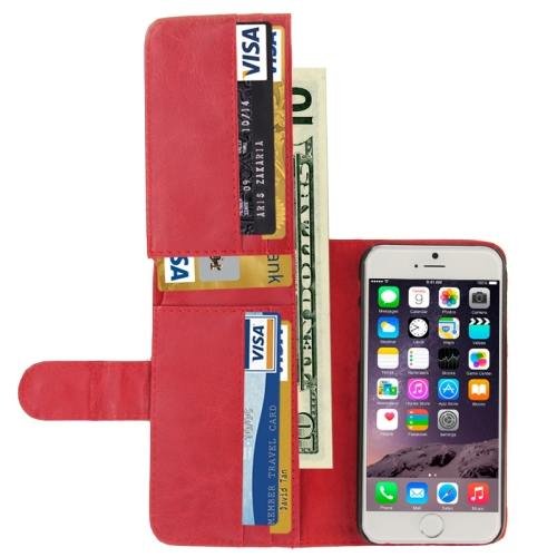 For iPhone 6 Plus Red Crazy Horse Wallet Style Leather Case with Lanyard and Card Slots