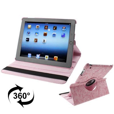 For iPad 4/3/2 Pink Embossing Flower Rotatable Sleep / Wake-up Function Leather Case with Holder