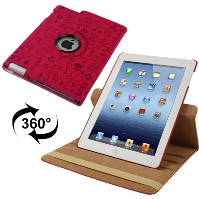 For iPad 4/3/2 Red Rotatable Cute Smart cover Leather Case with 3 Stalls Adjustment case