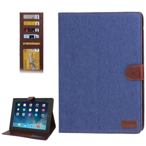 For iPad 4/3/2 Dark Blue Denim Texture Leather Case with Card Slots with Holder