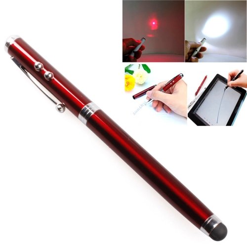 Capacitive Stylus Pen + Ball Pen + Red Laser Pointer + White LED Flashlight - Red