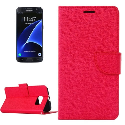 For Galaxy S7 Edge Red Cross Texture Leather Case with Holder, Card Slots & Wallet