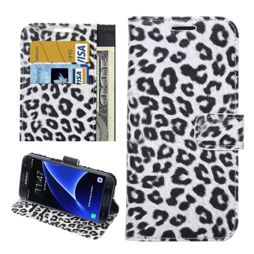 For Galaxy S7 Edge White Leopard Leather Case with Holder; Card Slots & Wallet