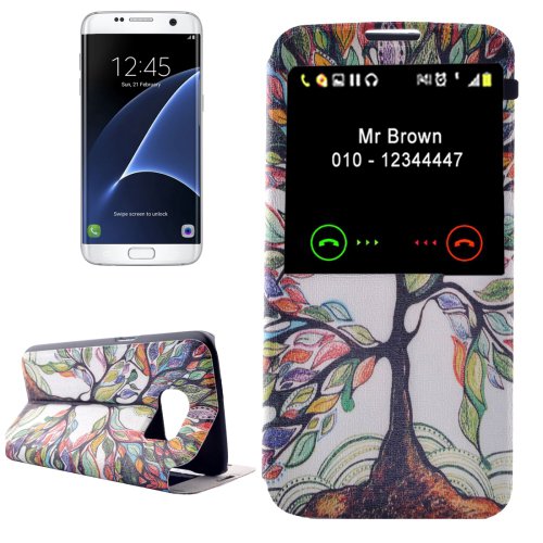 For Galaxy S7 Edge Tree Pattern Flip Leather Case with Call Display ID & Holder