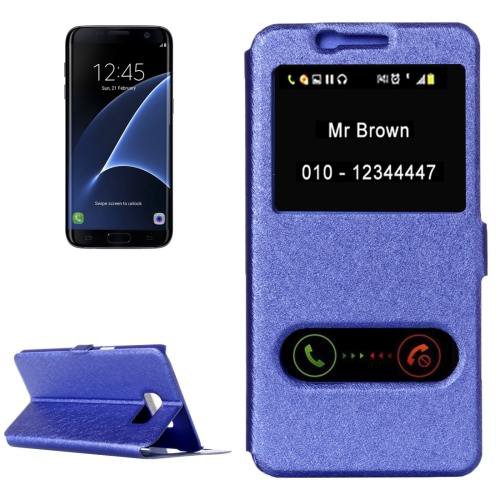 For Galaxy S7 Edge Blue Silk Flip Solid Color Leather Case with Call Display ID