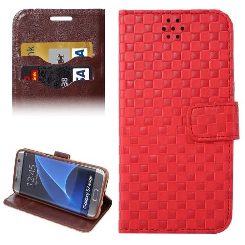 For Galaxy S7 Edge Red Grid Voltage Texture Flip Leather Case with Holder & Card Slots
