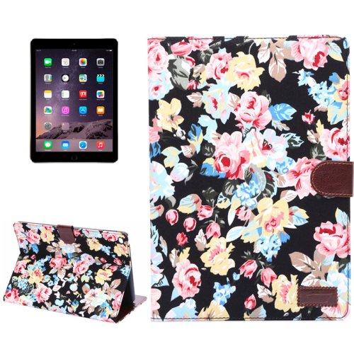 For iPad Air 2 Black Flower Pattern Leather Case with Holder, Card Slots & Sleep Function