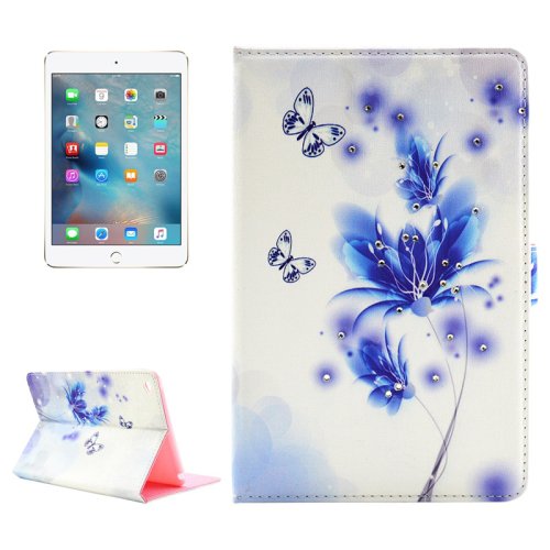 For iPad Mini 4 Flower Pattern Diamond Encrusted Flip Leather Case with Holder