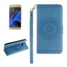 For Galaxy S7 Blue Embossed Floral Leather Case with Card Slots