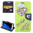 For Galaxy S7 Green Diamond Encrusted Fairy Fox Hearts Leather Case