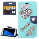 For Galaxy S7 Blue Diamond Encrusted Fairy Fox Hearts Leather Case
