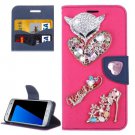 For Galaxy S7 Magenta Diamond Encrusted Fairy Fox Hearts Leather Case