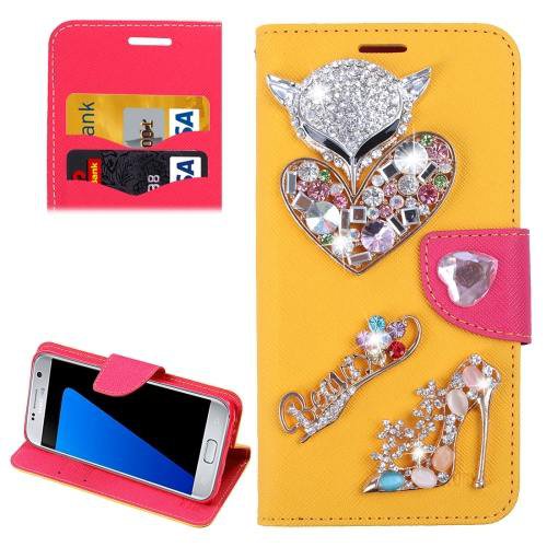 For Galaxy S7 Yellow Diamond Encrusted Fairy Fox Hearts Leather Case