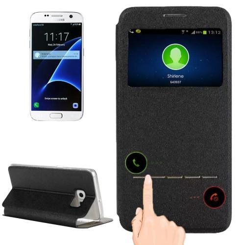 For Galaxy S7 Black Leather Case with Holder & Call Display ID