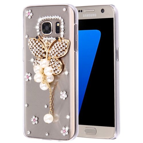For Galaxy S7 Diamond Encrusted Pearl Butterfly Pattern Plastic Case