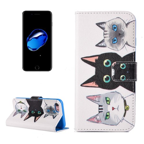 For iPhone 7 3 Cats Pattern PU Leather Case with Holder, Card Slots & Wallet